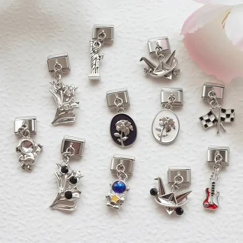 Stainless Steel Italian Modular Bracelet Charms Astronaut Origami Crane Guitar Racing Flag Flower Statue Liberty DIY Pendant