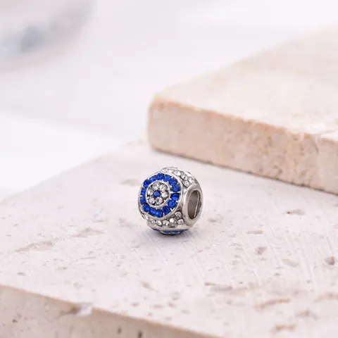 Charm Redondo de Ojo Turco de Aleación con Diamantes de Imitación Azules y Blancos para Bricolaje de Pulseras Joyería Mujer