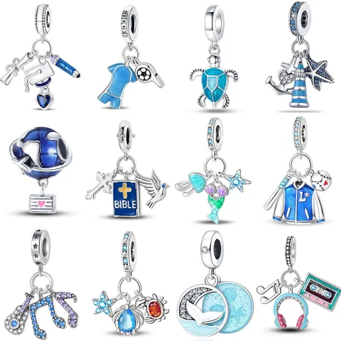 Ocean Blue Alloy Enamel Charms For Pandora Style Bracelet DIY Jewelry Making Sea Turtle Graduation Earth Music Soccer Pendant Women