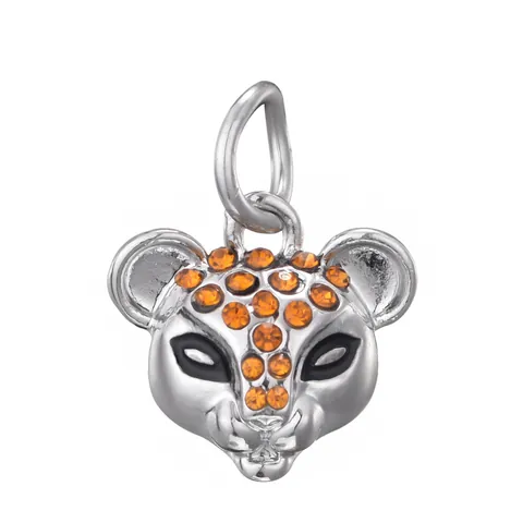 Leopard Head Charm Alloy Rhinestone Pendant For DIY Bracelet Necklace Jewelry Making Silver Orange Stone Jewelry Accessory