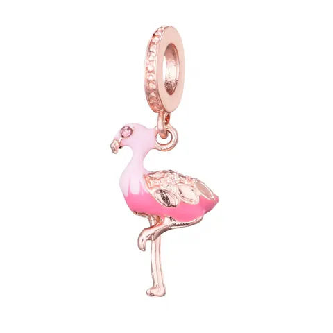 Alloy Pink Flamingo Charm Pendant Rose Gold Plated Enamel Zirconia Beads For DIY Bracelet Necklace Jewelry Making Accessories