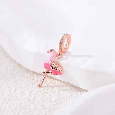 Alloy Pink Flamingo Charm Pendant Rose Gold Plated Enamel Zirconia Beads For DIY Bracelet Necklace Jewelry Making Accessories