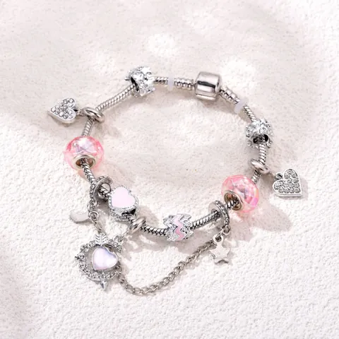 Pulsera DIY Charm Con Cuentas de Resina Facetadas Rosas Colgante de Luna Estrella Corazón Pulsera de Cadena de Serpiente de Aleación de Plata Para Mujer Joyería Regalo