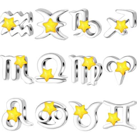 Alloy Zodiac Sign Charm Bead Yellow Star Enamel DIY Jewelry Accessory For Bracelet Necklace Making Fashion Women Gift