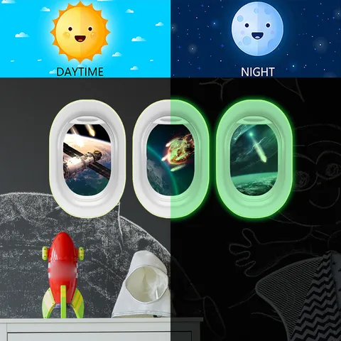 Glow In The Dark Airplane Window Space Astronaut Wall Stickers Fluorescent PVC Planet Universe Wall Decals Kids Room Decor