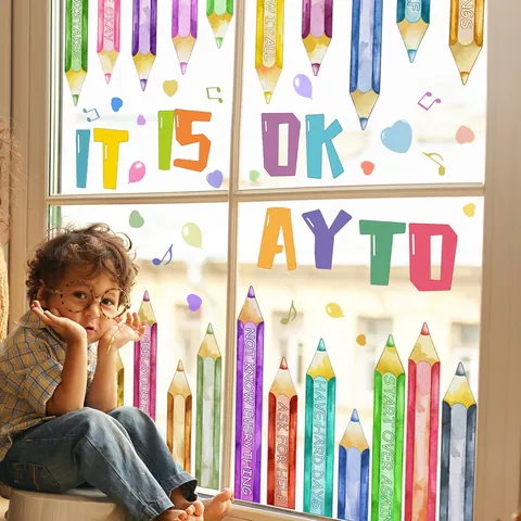 Pegatinas Pared Acuarela Crayón Frases Inspiradoras Letras Inglesas Corazón Removible PVC Decoración Hogar Niños