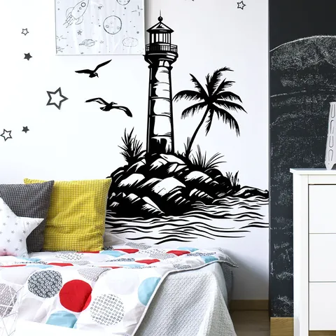 Vuurtoren Zee Meeuw Silhouet Muursticker Waterdicht PVC Zelfklevend Decal Voor Woonkamer Badkamer Huisdecoratie
