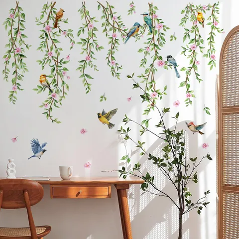 Aquarell Weidenzweig Blume Vogel Wandtattoo Abnehmbares PVC Selbstklebendes Wandbild Für Zuhause Wohnzimmer Schlafzimmer Dekor