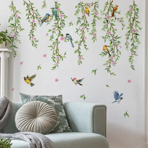 Aquarell Weidenzweig Blume Vogel Wandtattoo Abnehmbares PVC Selbstklebendes Wandbild Für Zuhause Wohnzimmer Schlafzimmer Dekor