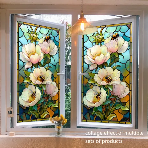 Film de Fenêtre Style Vitrail Rétro Adhésion Statique Sans Colle Intimité Sticker Décoratif de Fenêtre Fleurs Oiseau Paon Méduse Motif Déco Maison