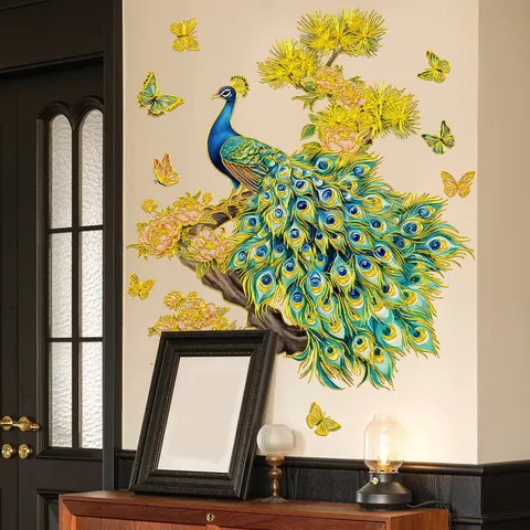 Pegatina de Pared de Pavo Real de Lujo con Estampado en Caliente Textura Metálica Flores Mariposa Calcomanía Impermeable