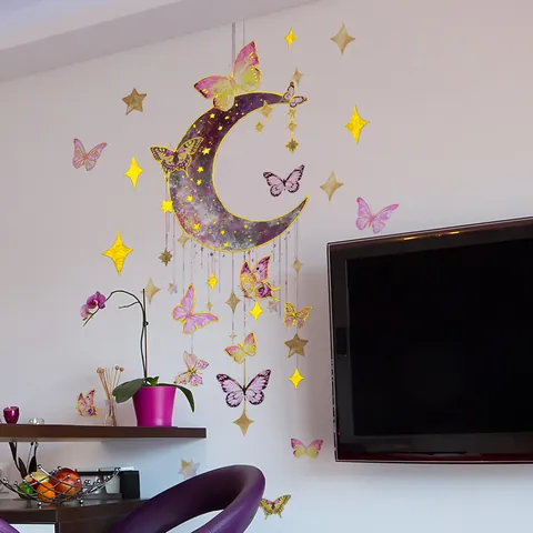 Dreamy Moon Butterfly Star Wall Sticker Gold Hot Stamping Metallic Texture PVC Decal For Kids Room Bedroom Home Decor