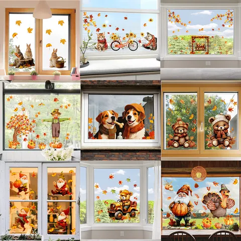 Pegatinas de Ventana de Acción de Gracias de Otoño Oso Gnomo Calabaza Hojas de Membrillo Calcomanías Estáticas Decoración del Hogar