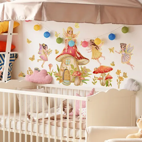Bunte Fee Pilz Haus Wandaufkleber Heißprägung Schmetterling Blumen PVC Aufkleber Für Kinderzimmer Mädchen Schlafzimmer Dekoration