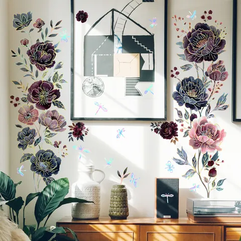Moderni Adesivi Murali Fiori e Farfalle con Stampa a Caldo in PVC Consistenza Metallica Decalcomanie Fiore Viola Rosa Libellula per Soggiorno Camera da Letto Decorazione Casa