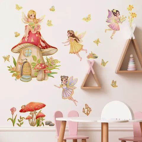Bunte Fee Pilz Haus Wandaufkleber Heißprägung Schmetterling Blumen PVC Aufkleber Für Kinderzimmer Mädchen Schlafzimmer Dekoration