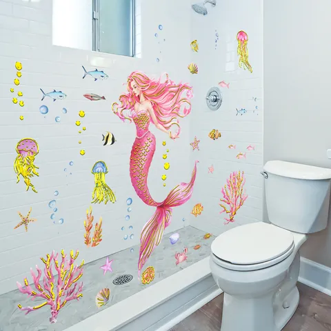 Pegatinas de Pared de Mundo Submarino de Sirena Estampado en Caliente Calcomanías de Vida Marina Para Habitación Infantil Baño
