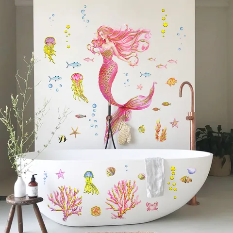 Pegatinas de Pared de Mundo Submarino de Sirena Estampado en Caliente Calcomanías de Vida Marina Para Habitación Infantil Baño
