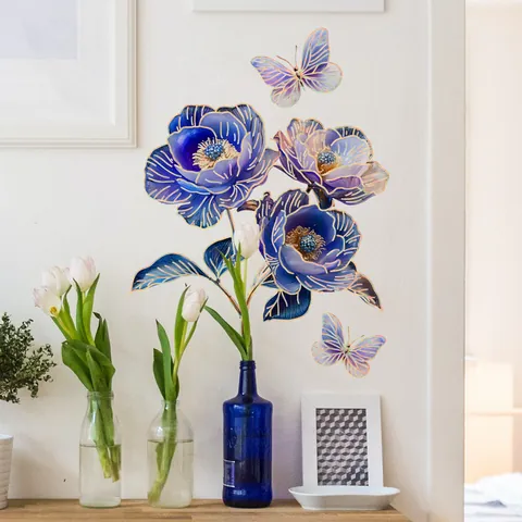 Pegatina para Inodoro de Flores y Mariposas Removible PVC Hoja de Oro Bronceado Calcomanía de Pared para Baño Decoración del Hogar