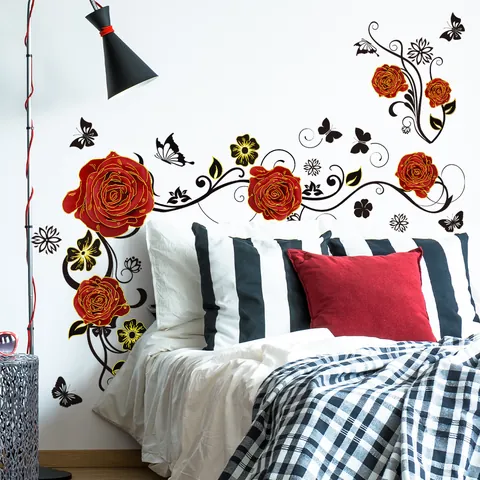 Red Rose Flower Vine Butterfly Wall Sticker With Gold Stamping PVC Removable Decal For Living Room Bedroom Home Decor