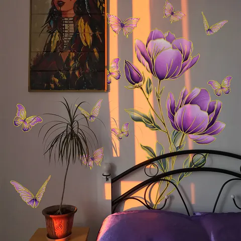 Élégant Autocollant Mural Fleurs Et Papillons Violets Avec Marquage À Chaud PVC Imperméable Décalcomanie Florale