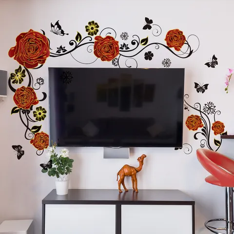 Red Rose Flower Vine Butterfly Wall Sticker With Gold Stamping PVC Removable Decal For Living Room Bedroom Home Decor