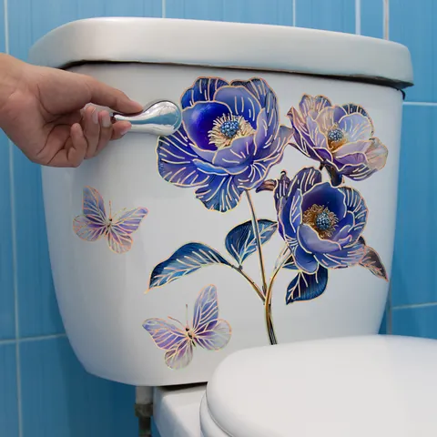 Pegatina para Inodoro de Flores y Mariposas Removible PVC Hoja de Oro Bronceado Calcomanía de Pared para Baño Decoración del Hogar