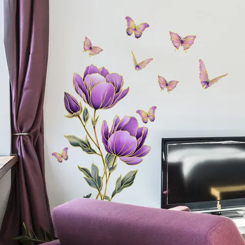 Élégant Autocollant Mural Fleurs Et Papillons Violets Avec Marquage À Chaud PVC Imperméable Décalcomanie Florale