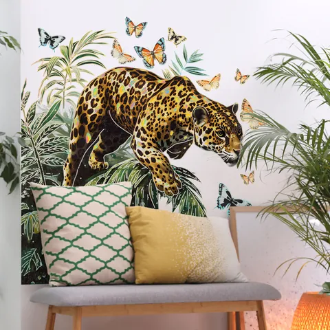 Realistischer Leopard Tropische Blätter Schmetterling Wandaufkleber Heißprägung Metallisch PVC Wasserdichtes Wandtattoo