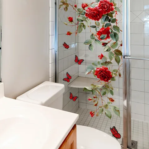 Red Rose Flower Butterfly Window Stickers Double Sided Visible Static Cling Glass Decals Self Adhesive Waterproof Home Decor For Living Room Bedroom Bathroom Shop Window