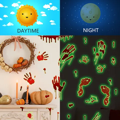 Sticker Mural Lumineux Halloween Empreinte de Main Pied Sanglante Autocollant Mural Fluorescent PVC Décoration Horreur pour Fenêtre Fête