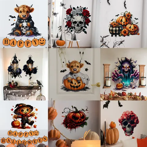 Stickers Muraux 3D Halloween Amovibles en PVC Citrouille Crâne Chauve-souris Fantôme pour Salon Salle de Bain Toilettes Fête Maison