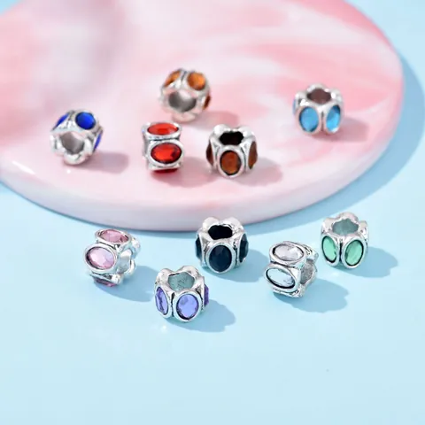 Vintage Alloy Large Hole Charm Beads With Rhinestone Inlaid Crystal Oval Stone For DIY Bracelet Necklace Making Women Jewelry
