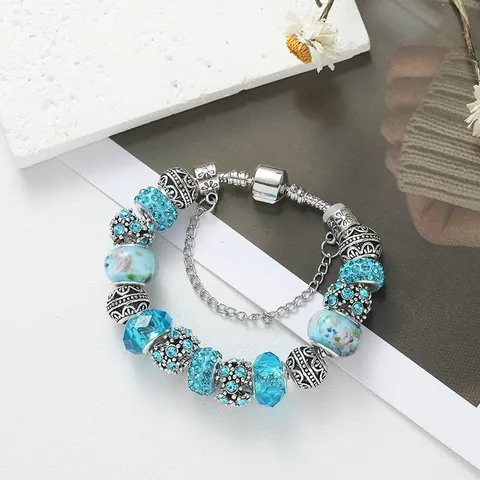 Fashion Lake Green Alloy Beaded Bracelet Lampwork Glass Bubble Rhinestone Charm Bracelet With Safety Chain For Women Jewelry
