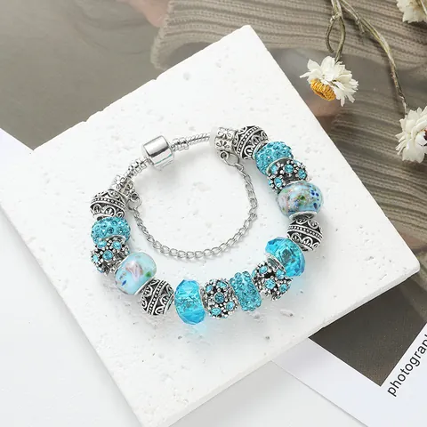 Fashion Lake Green Alloy Beaded Bracelet Lampwork Glass Bubble Rhinestone Charm Bracelet With Safety Chain For Women Jewelry