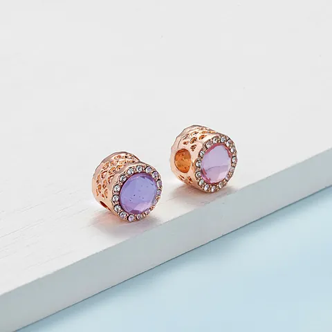 Roségold Legierung Großlochperlen Mit Pink Violett Facettiertem Kristall Strass Eingelegtem Hohlem Design DIY Schmuck Charm Für Europäische Armbänder