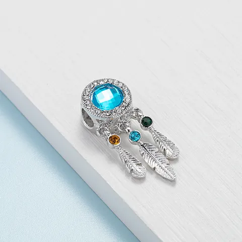 Dreamcatcher Charm Pendant Alloy Sky Blue Crystal Rhinestone With Three Feathers For DIY Jewelry Making Bracelet Accessories