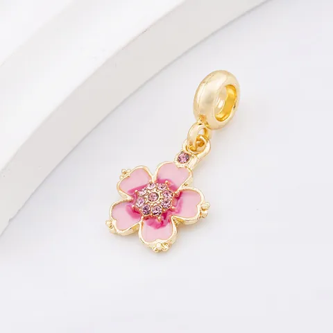 Alloy Sakura Flower Charm Enamel Pink Cherry Blossom Pendant For DIY Bracelet Necklace Jewelry Making With Rhinestone