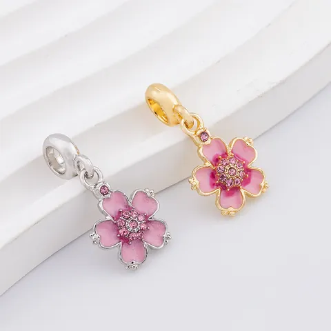 Alloy Sakura Flower Charm Enamel Pink Cherry Blossom Pendant For DIY Bracelet Necklace Jewelry Making With Rhinestone