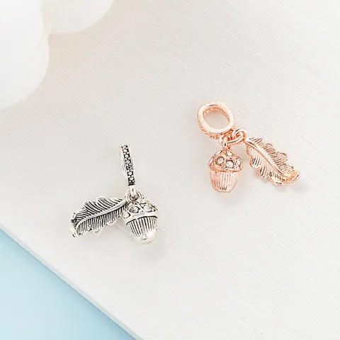 Vintage Alloy Zirconia Acorn And Leaf Dangle Charms For DIY Snake Chain Bracelets Rose Gold Silver Plated Jewelry Pendants For Women