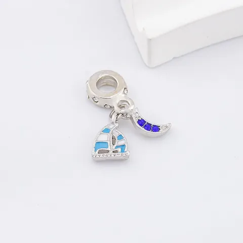 Alloy Enamel Sailboat Crescent Moon Dangle Charm Bead For DIY Jewelry Making Blue Silver Ship Moon Pendant Accessory