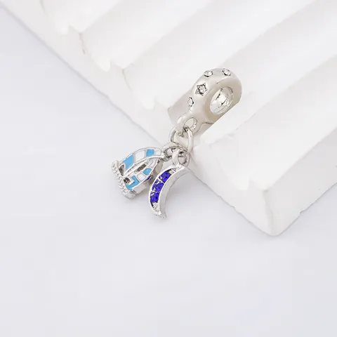Alloy Enamel Sailboat Crescent Moon Dangle Charm Bead For DIY Jewelry Making Blue Silver Ship Moon Pendant Accessory