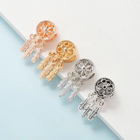 Dreamcatcher Feather Charm Alloy Large Hole Beads DIY Bracelet Necklace Bohemian Vintage Jewelry Making Pendant Findings