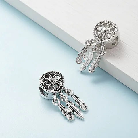 Dreamcatcher Feather Charm Alloy Large Hole Beads DIY Bracelet Necklace Bohemian Vintage Jewelry Making Pendant Findings
