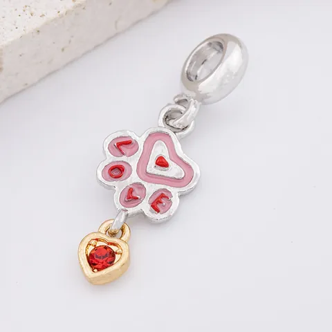Alloy Pink Enamel Cat Paw Charm With Red Zirconia Gold Heart Pendant For Bracelet DIY Jewelry Making Love Bead Gift