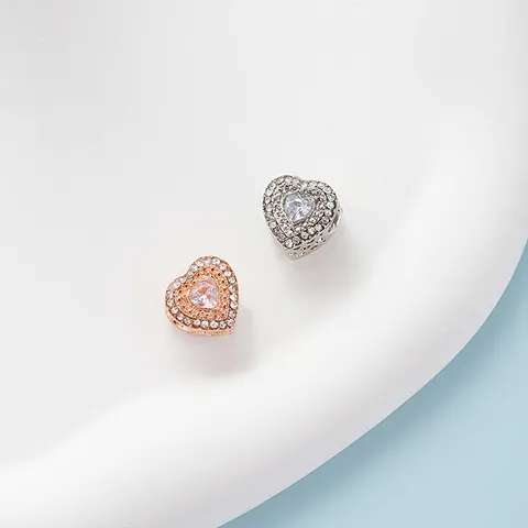 Abalorio de Corazón de Aleación con Zirconia Incrustada Cuentas DIY para Pulsera Estilo Pandora Joyería Mujer Plata Oro Rosa