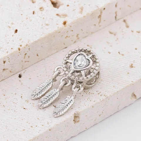 Dreamcatcher Charm Bead For Bracelet Heart Zirconia Feather Alloy Drip Oil DIY Jewelry Accessories Bohemian Pendants For Women