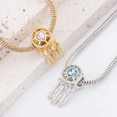 Dreamcatcher Charm Bead For Bracelet Heart Zirconia Feather Alloy Drip Oil DIY Jewelry Accessories Bohemian Pendants For Women