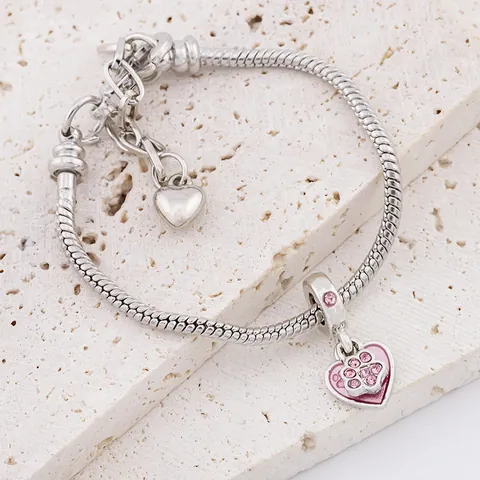 Alloy Pink Enamel Heart Cat Paw Charm With Rhinestone For DIY Snake Chain Bracelet Necklace Jewelry Making Women Girls Gift