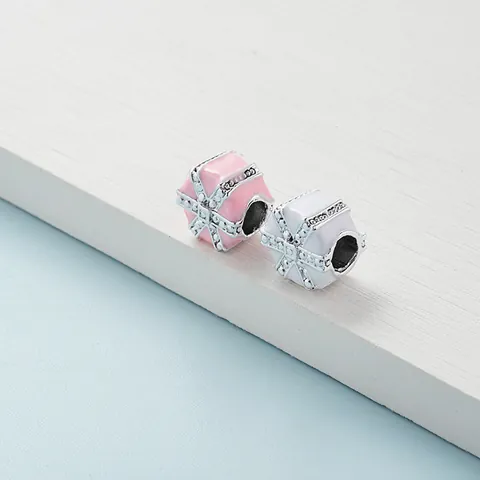 Élégants Breloques en Boîte Cadeau en Alliage Émaillé Incrustés de Strass pour Fabrication de Bracelets Colliers DIY Mode Rose Blanc Perles de Bijoux pour Femmes